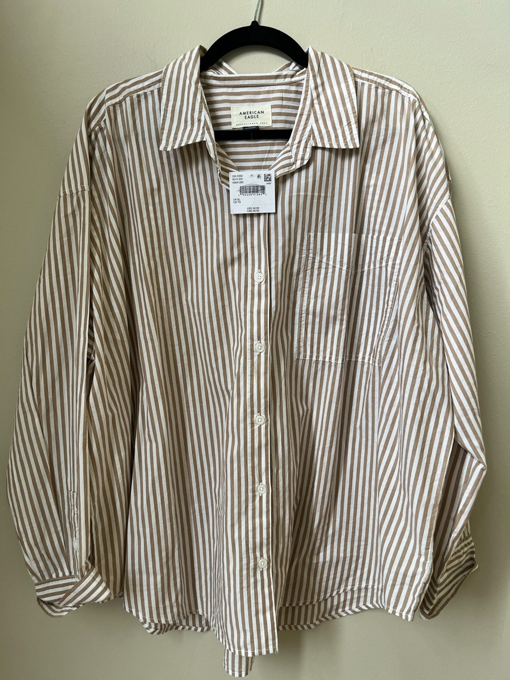 American Eagle Oversized Button Down Shirt Size XL Casual Relaxed Tan White